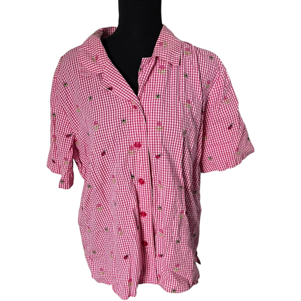 Pink Gingham Short-Sleeve Button-Down Shirt with Embroidered Motifs